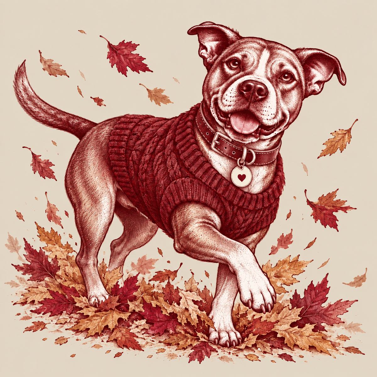 Een blije hond die door de herfstbladeren wandelt.