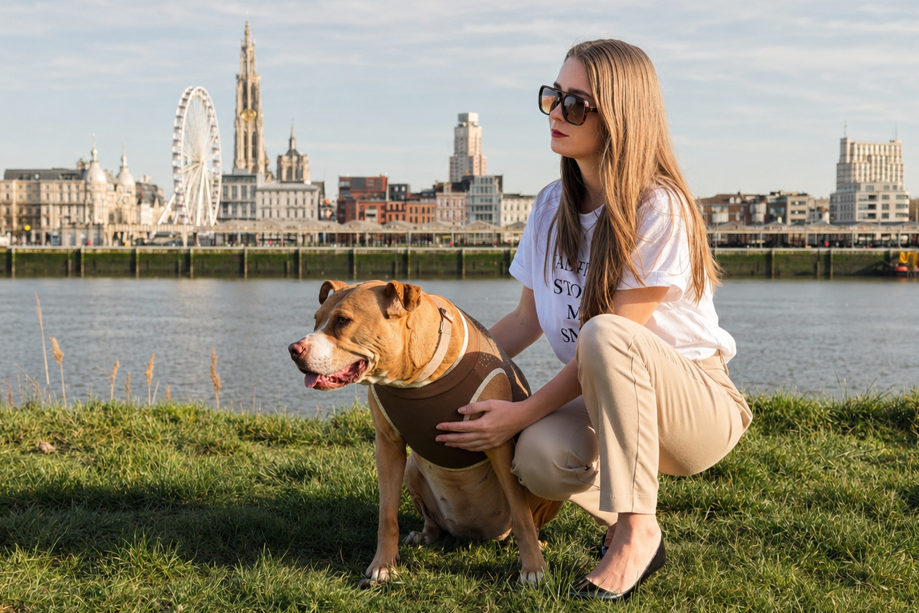 Melissa en Gilera van Gigi in Antwerp met de skyline van Antwerpen op de achtergrond