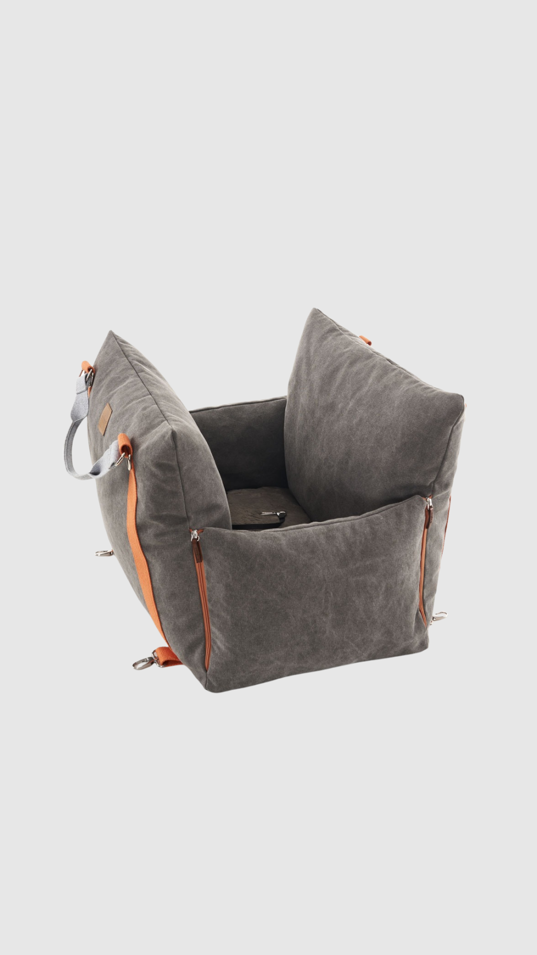 Bau Barù Autostoel Denim Grey voor honden met zachte vulling en oranje accenten