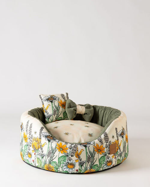 Bau Barù Sarah Spring luxe ronde hondenmand met bloemenprint en groen binnenkussen