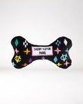 Chewy Vuiton Monogram Bone zwart pluche hondenspeeltje met kleurrijk monogram en pieper