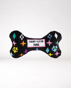 Chewy Vuiton Monogram Bone zwart pluche hondenspeeltje met kleurrijk monogram en pieper