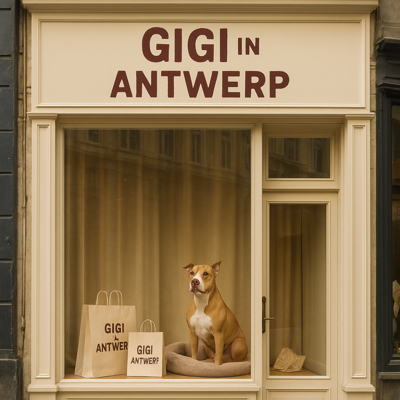 Gilera in de etalage van de gedroomde Gigi in Antwerp-winkel met merkzakken en hondenmand