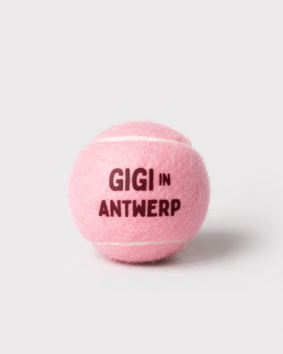 Roze tennisbal voor honden van Maison Gigi met Gigi in Antwerp-logo